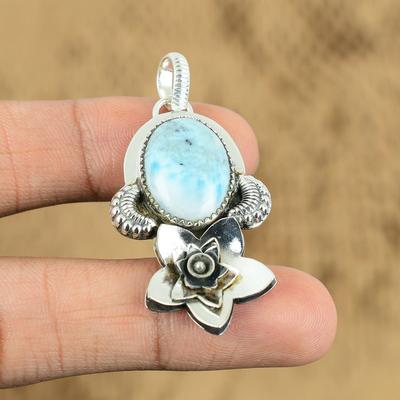 Womens Day Deal Sterling Silver Larimar Stone Elegant Anniversary Flower Pendant