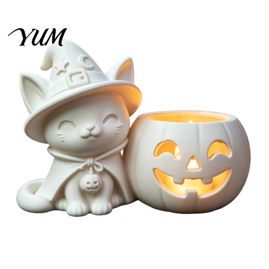 Spooky Home Decoration Halloween Black Cat Pumpkin Candlestick, 3D Printed Witch Candle Decorative Figurine for Fall Holder with Tealight Cup,