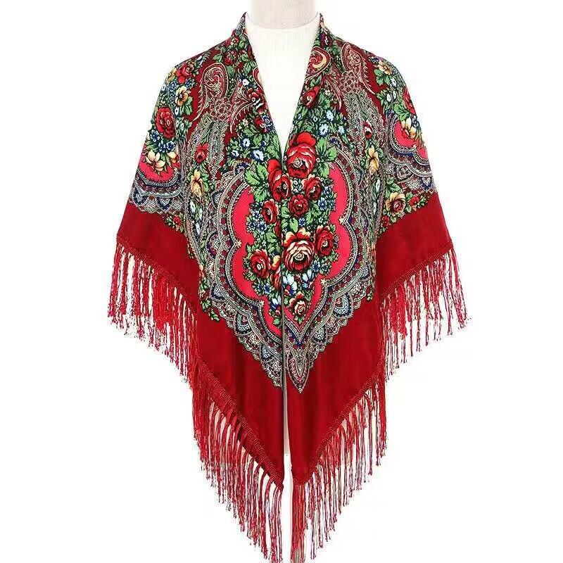 Women's Russian Print Large Silk Shawl Scarf with Fringe, Perfect for Skirts and Qipao, Yunnan Tourism Wear