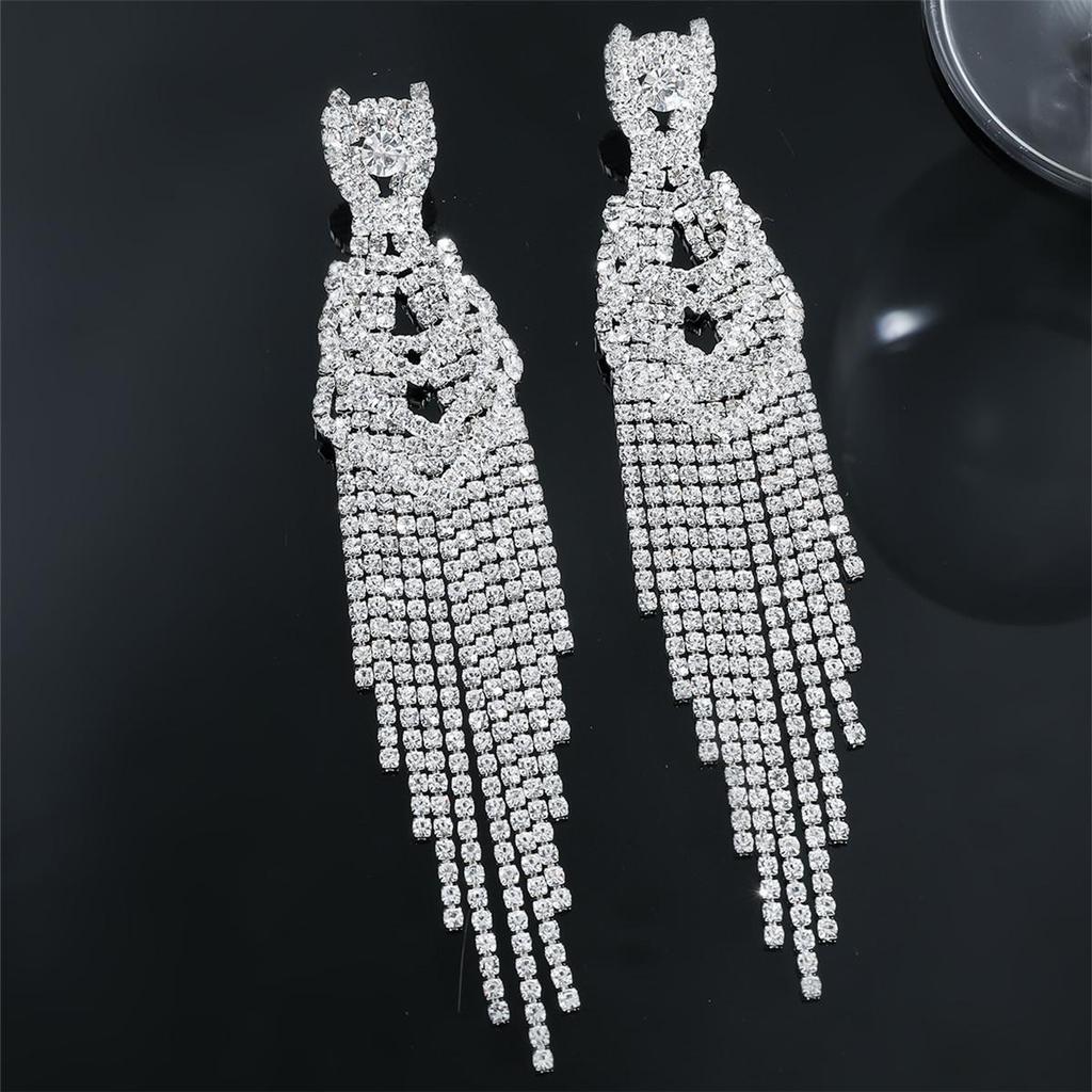 Luxury Rhinestone Tassel Clip-On Earrings for Women - Bridal Accessories