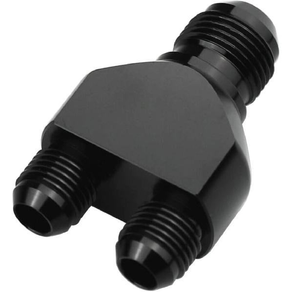 Aluminum Y Block Adapter Fittings -6 AN male Swivel to Parallel Exit Dual 2 x -4 AN Male Y Block Splitter Tee Hose Connector, Black