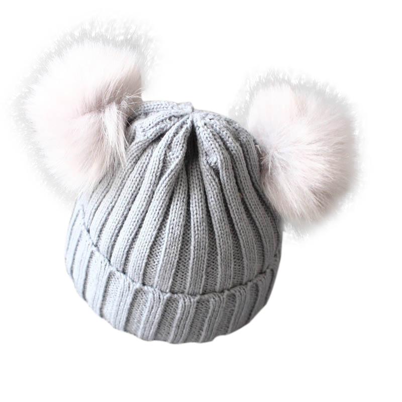 Cute Pompom Baby Hat Warm Winter Knitted Kids Baby Girl Boy Beanie Cap Solid Outdoor Infant Toddler Children Hat Bonnet 1-3 Years серый