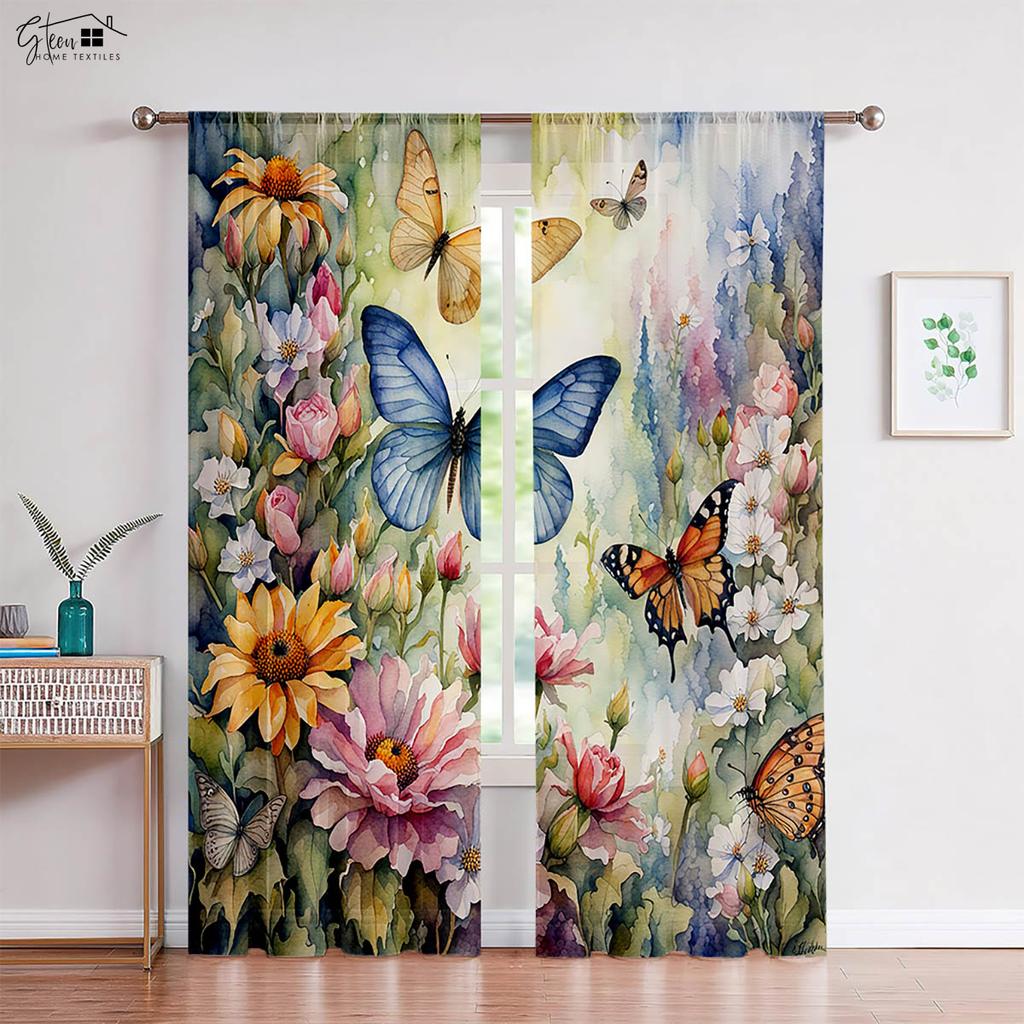 2-Piece Wooden Wisteria Flower Butterfly Printed Window Curtains Pastoral Style Bed Room Living Area Study Kitchen Curtains