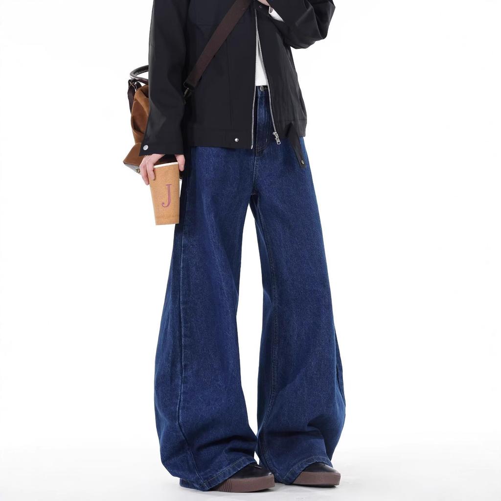 Plus size American vintage dark blue wide-leg jeans for men, loose trendy hip-covering, slimming drape curved blade floor-length pants