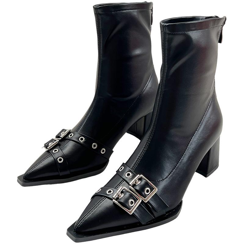 2025 autumn and winter pointed belt buckle thick heel short boots women's European and American style high heel rear zipper soft leather thin shor