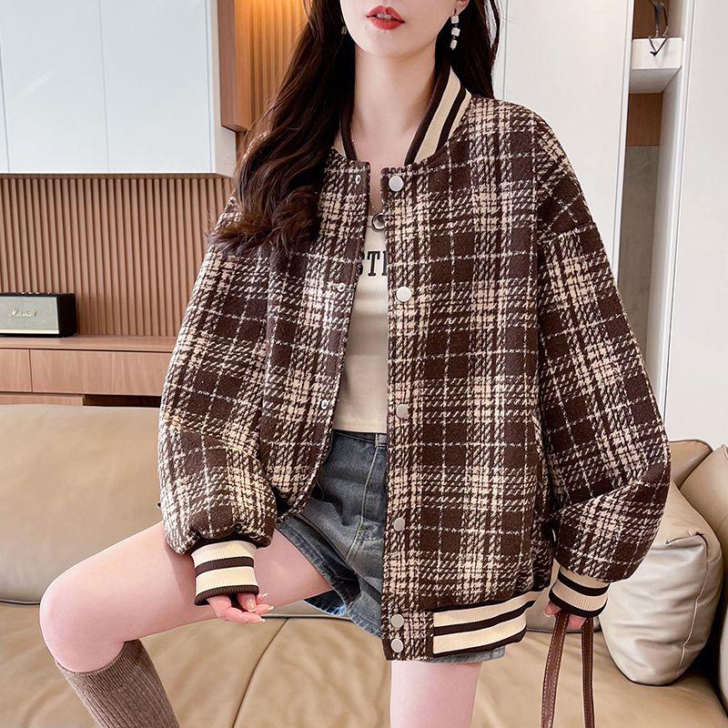 Design-Sense Women s Plus Velvet Plaid Baseball Jacket – Retro Casual Winter Top S