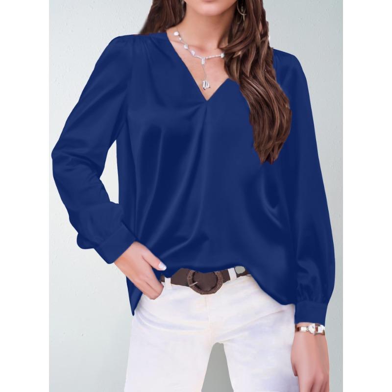 Plus Size Women's Pleated Long Sleeve V Neck Casual Loose Commuter Top