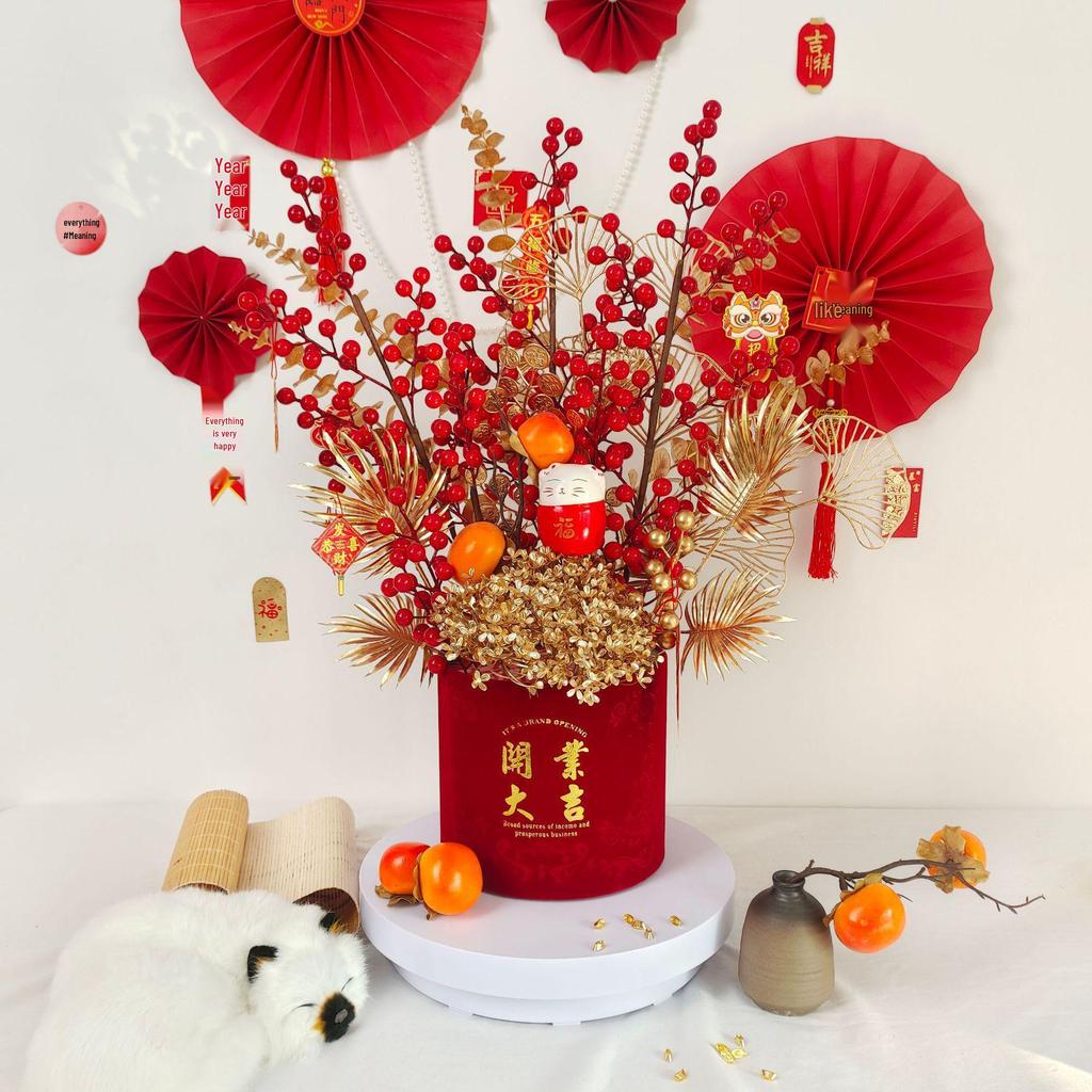 Fortune Bucket New Year Decoration Set - Festive Ornaments for Bedroom and Living Room with Flowers and Fu Character.