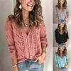 Women's Fashion Autumn Winter Pure Color Hollow-out V-neck Knit Cardigan Sweater