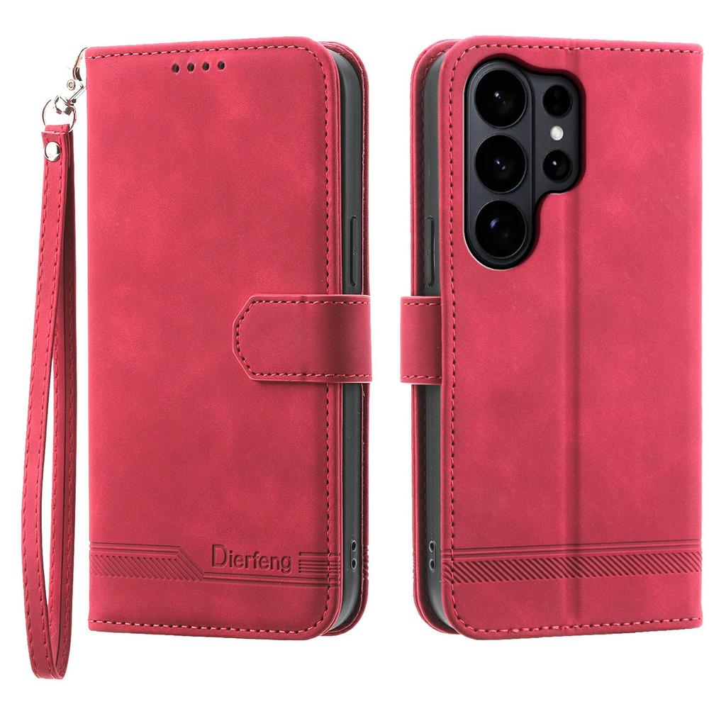 DIERFENG DF-03 For Samsung Galaxy S26 Ultra Case Lines Imprint Wallet Leather Phone Cover with Wrist Strap