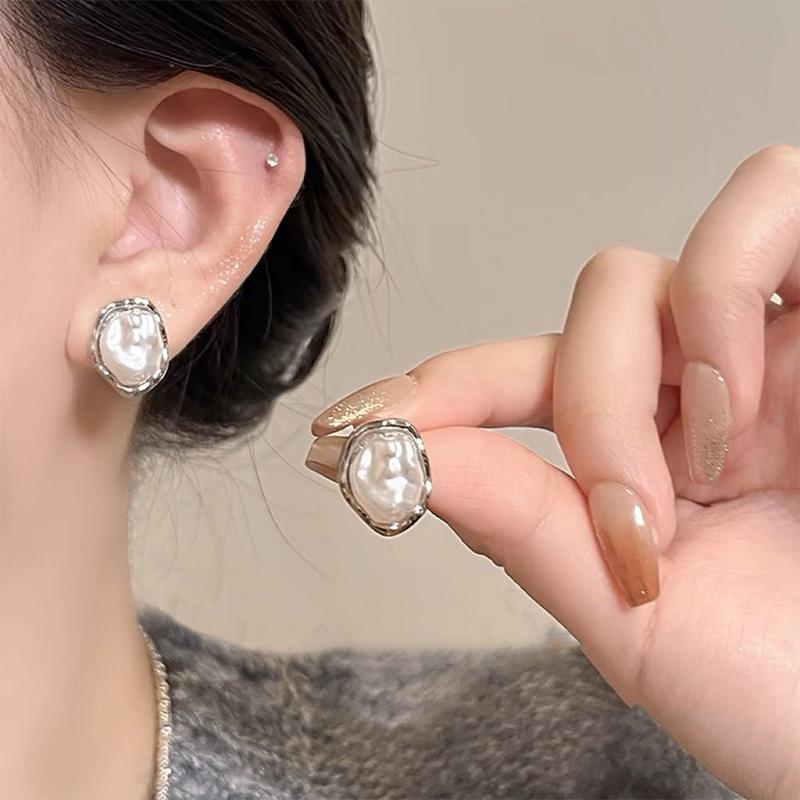 Geometric Irregular Round Metal Pearl Earrings For Women Minimalist Style Personality Earrings Trendy Jewelry Gift