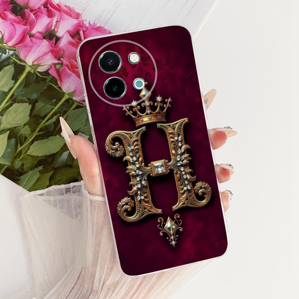 Für Vivo Y38 5G Hülle Abdeckung Transparent Luxus Krone A-Z Buchstaben 2D Flaches Muster Weiche Handyhülle Für VivoY38 5G Bumper