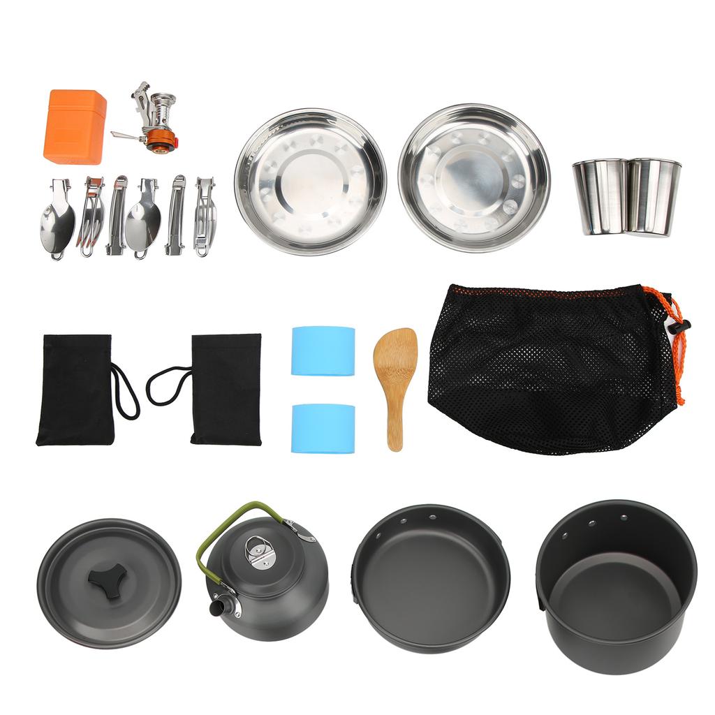 Kempingowy Zestaw Naczyń z Lekkim Garnkiem, Kuchenką, Sporkiem i Siatkową Torbą do Przenoszenia na Backpacking, Kemping na Świeżym Powietrzu, Wędrówki