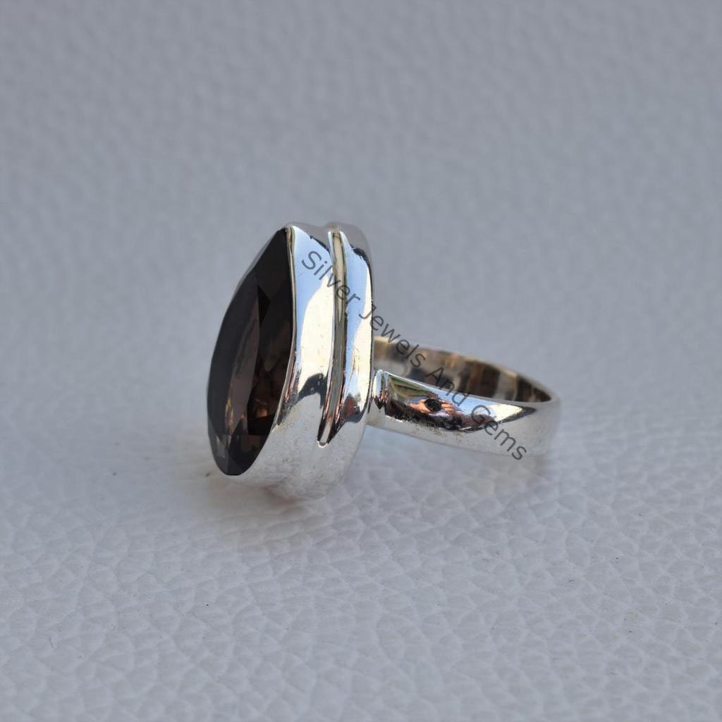 Natural Smoky Quartz Ring, 925 Sterling Silver Ring, Teardrop Smoky Ring, Gift for Her, Capricorn Birthstone Ring, Handmade Ring