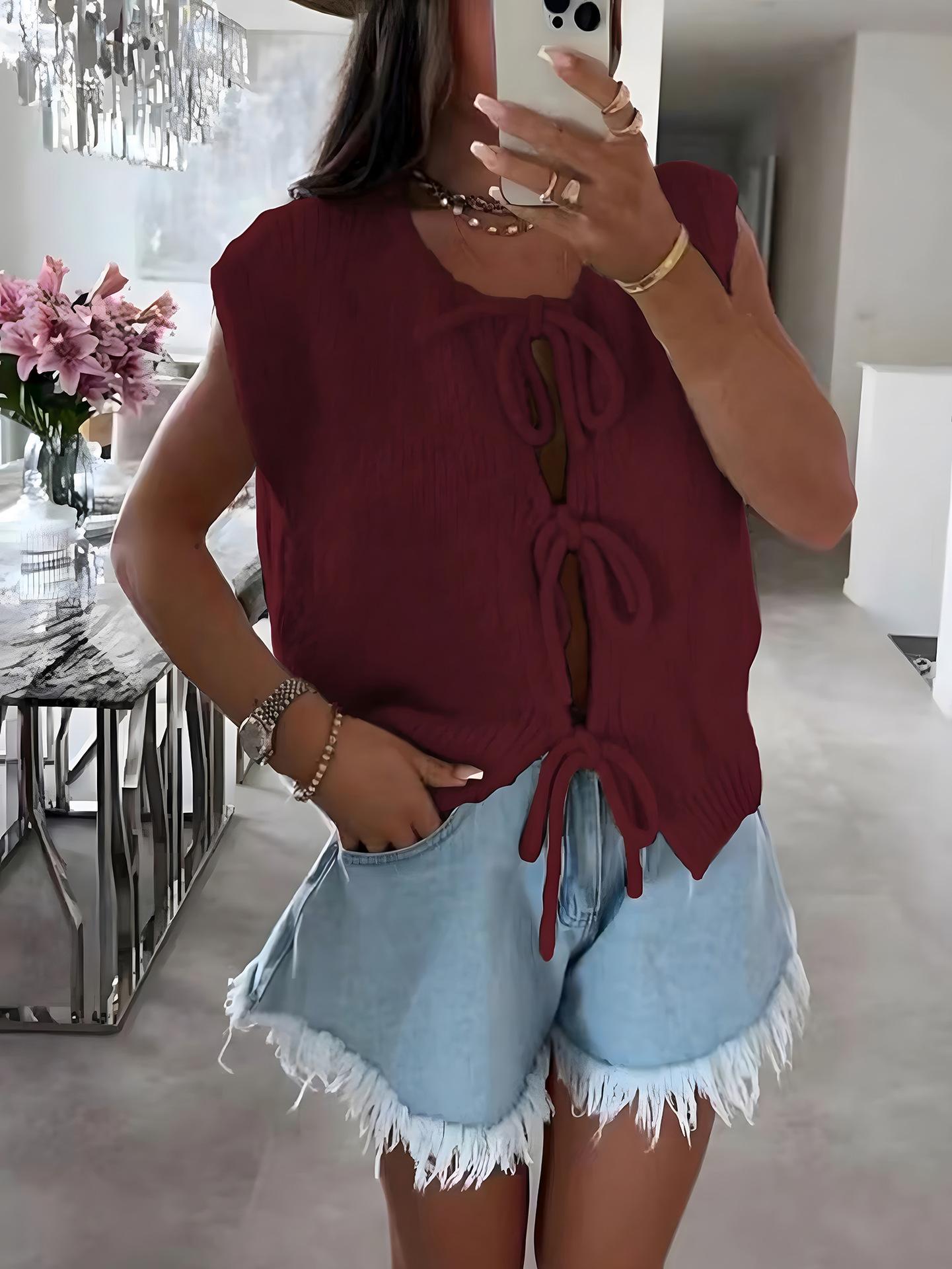 

Вязаный жилет-кардиган на бретелях, летний, популярный товар для трансграничной торговли, новый однотонный жилет без рукавов для женщин 3538 EMA XL винный