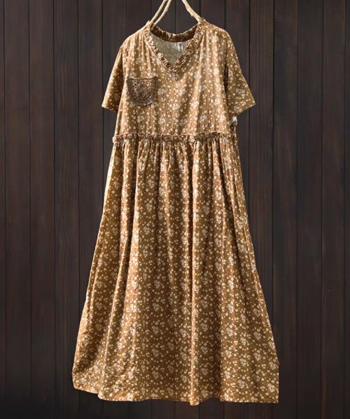 

Johnature Women Dresses Print Floral Patchwork O-Neck Short Sleeve Summer Casual A-Line Dress One Size кофейный