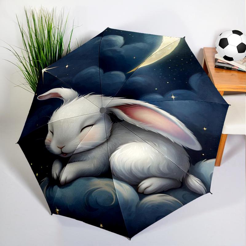 Retro Coffee Bunny Umbrella Automatic Open/close, Sturdy Iron Frame & 8-Rib Structure, Umbrella for Women & Men, Christmas Gifts
