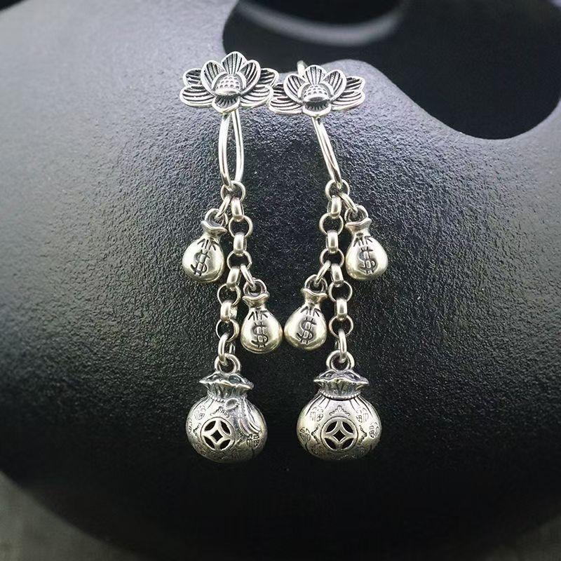 Tassel Earrings Retro Style Ethnic Money Bag Earrings Lotus Antique Money Bag Classical Fashion Versatile