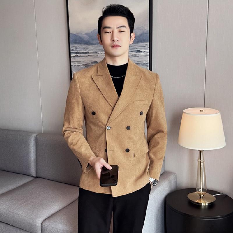 Men's Peak Lapel Blazer Corduroy Double Breasted for Wedding Formal Wear Jacket