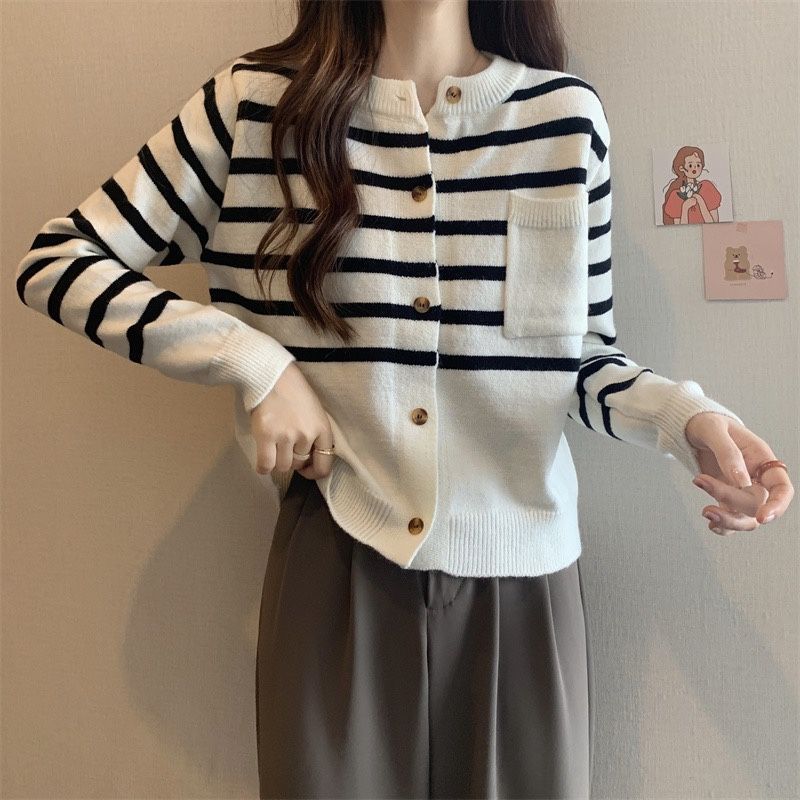 

Японский мягкий клейкий свитер с круглым вырезом, женский полосатый кардиган, весна 2023, свободный вязаный женский кардиган с длинными рукавами, пальто, верх One Size бежевый