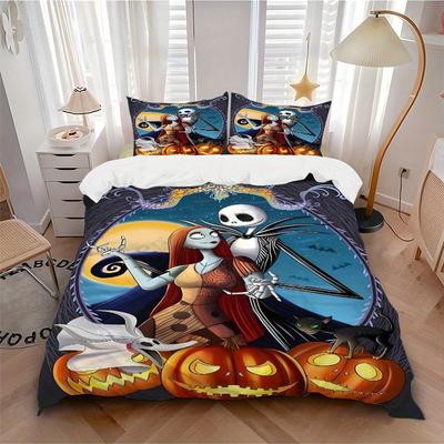 3pcs Halloween Jack And Sally Bedding Set Includes 1 Quilt Cover and 2 Pillowcases, Comfortable Bedding F038