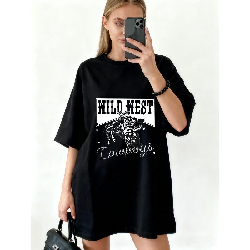 Oversized T Shirt Black Wild West Cowboys Graphic Print Western Theme Casual Wear