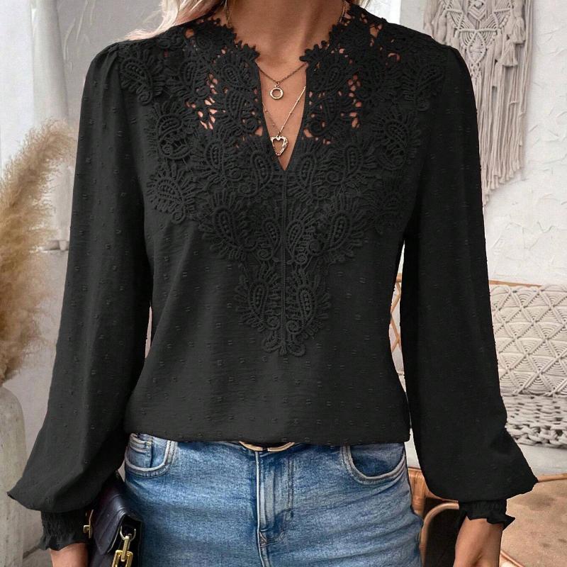 2025 Autumn/Winter New Collection, Fashionable V-neck, Lace, Solid Color, Long Sleeve, Casual Top, Women's Top, Autumn/Winter Interior, Elegant Design