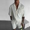 Mens Casual Linen Blend Two Piece Outfit Short Sleeve Cuban Collar Shirt And Drawstring Shorts Set