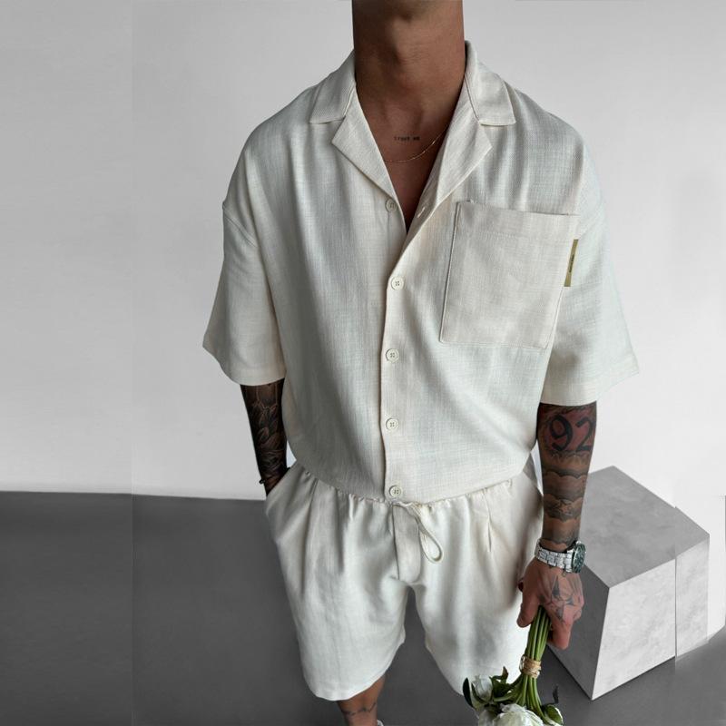 Mens Casual Linen Blend Two Piece Outfit Short Sleeve Cuban Collar Shirt And Drawstring Shorts Set S абрикосовый