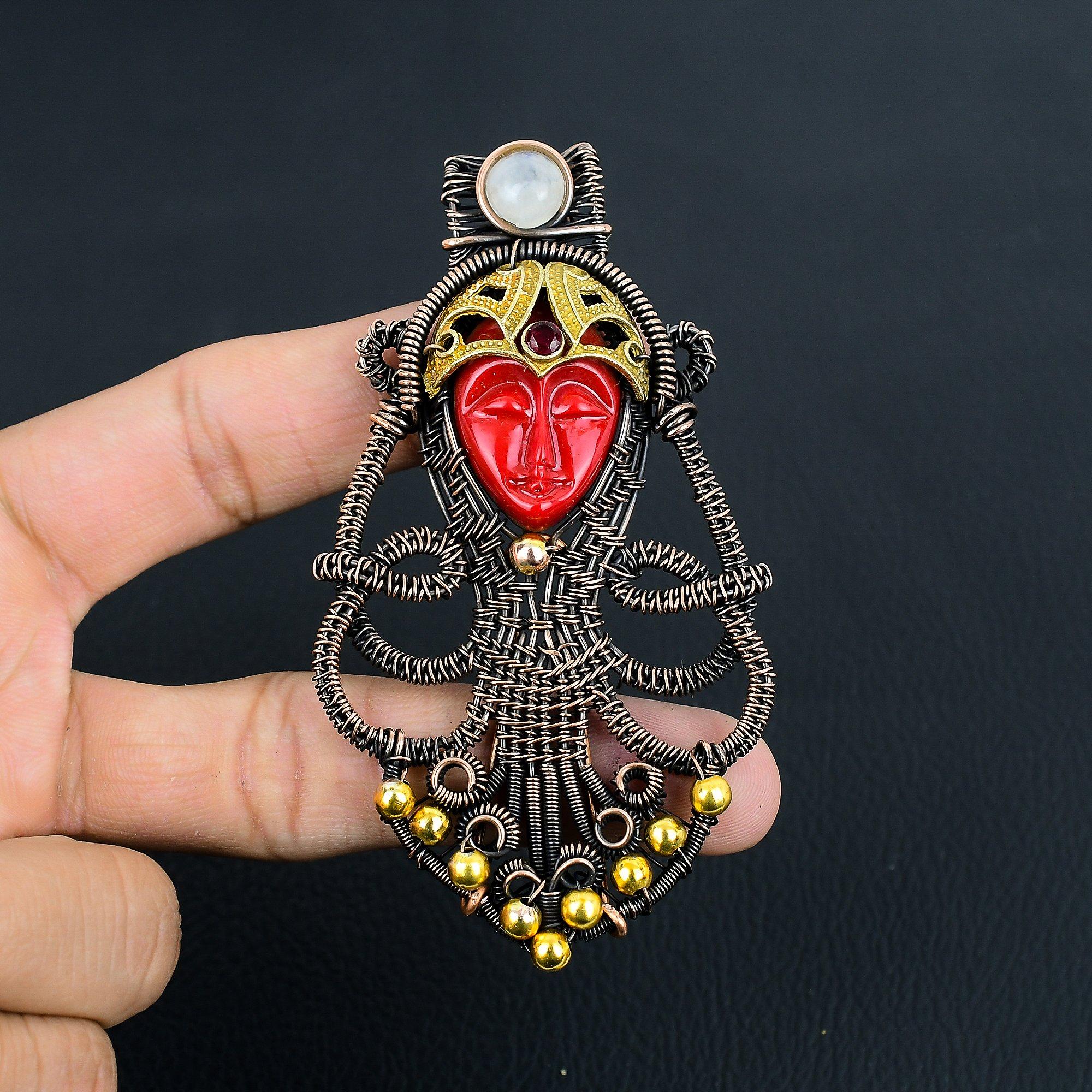 

Carved Red Face & Moonstone Jewelry, 999 Copper Wire Wrapped Pendant Handmade Gemstone Jewelry, Gifts For Wife Brand New Pendant 2.55 Inches