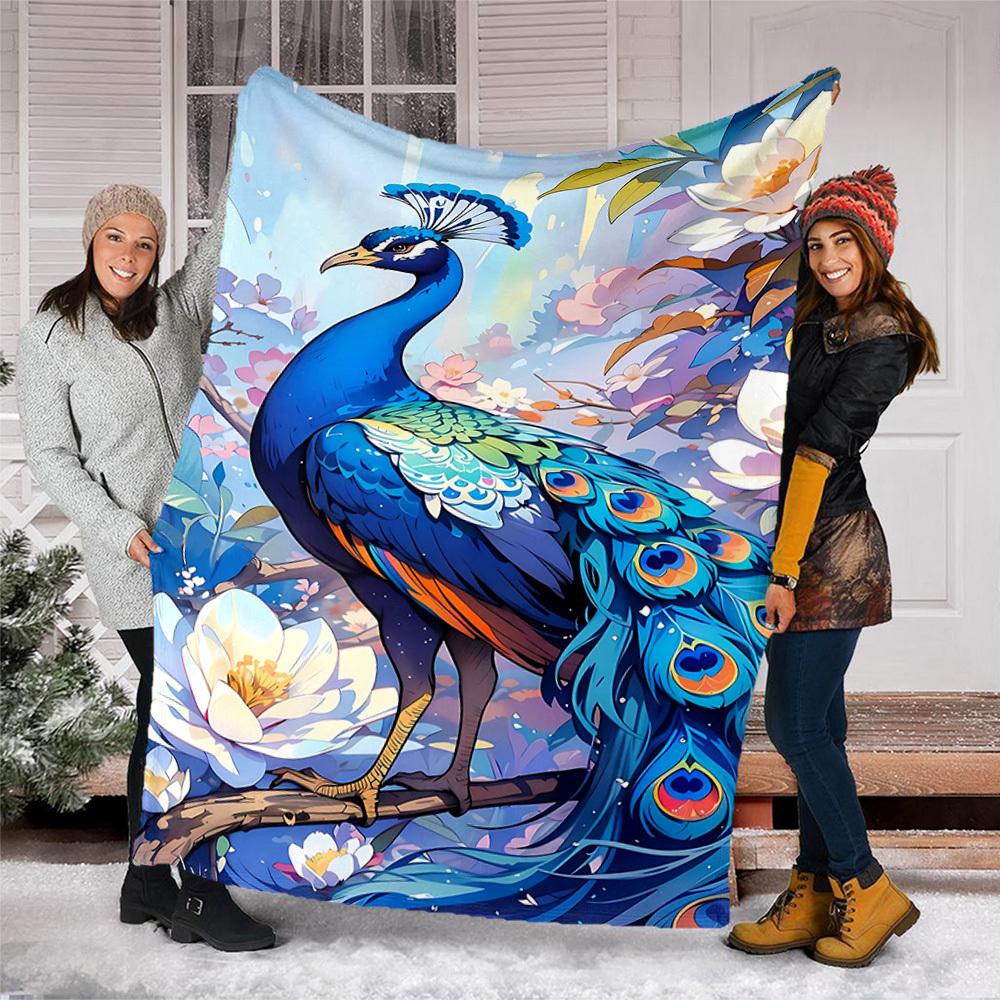 1pc Peacock Feather Artwork Outdoor Flannel Blanket, Cozy & Warm Soft Te Playful Design, Napping Camping,