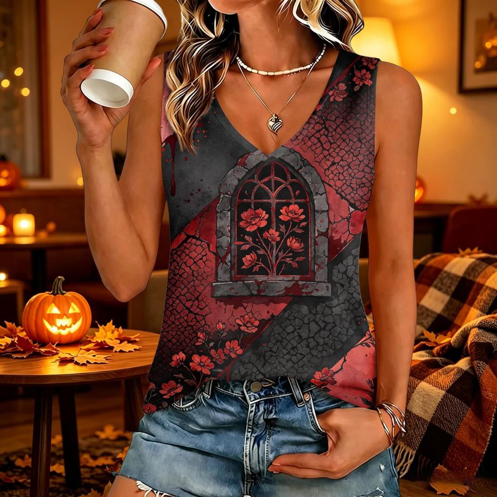 Women's V Neck Casual Halloween Print Top for Holiday Party