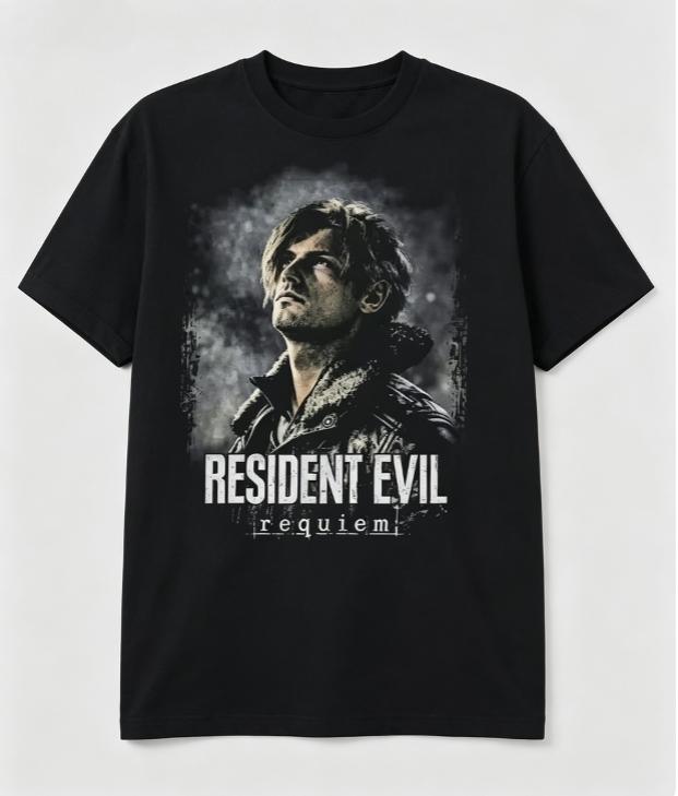 Resident Evil Requiem Leon Kennedy Graphic TShirt Retro Distressed Game Print Short Sleeve Unisex Streetwear Black Tee