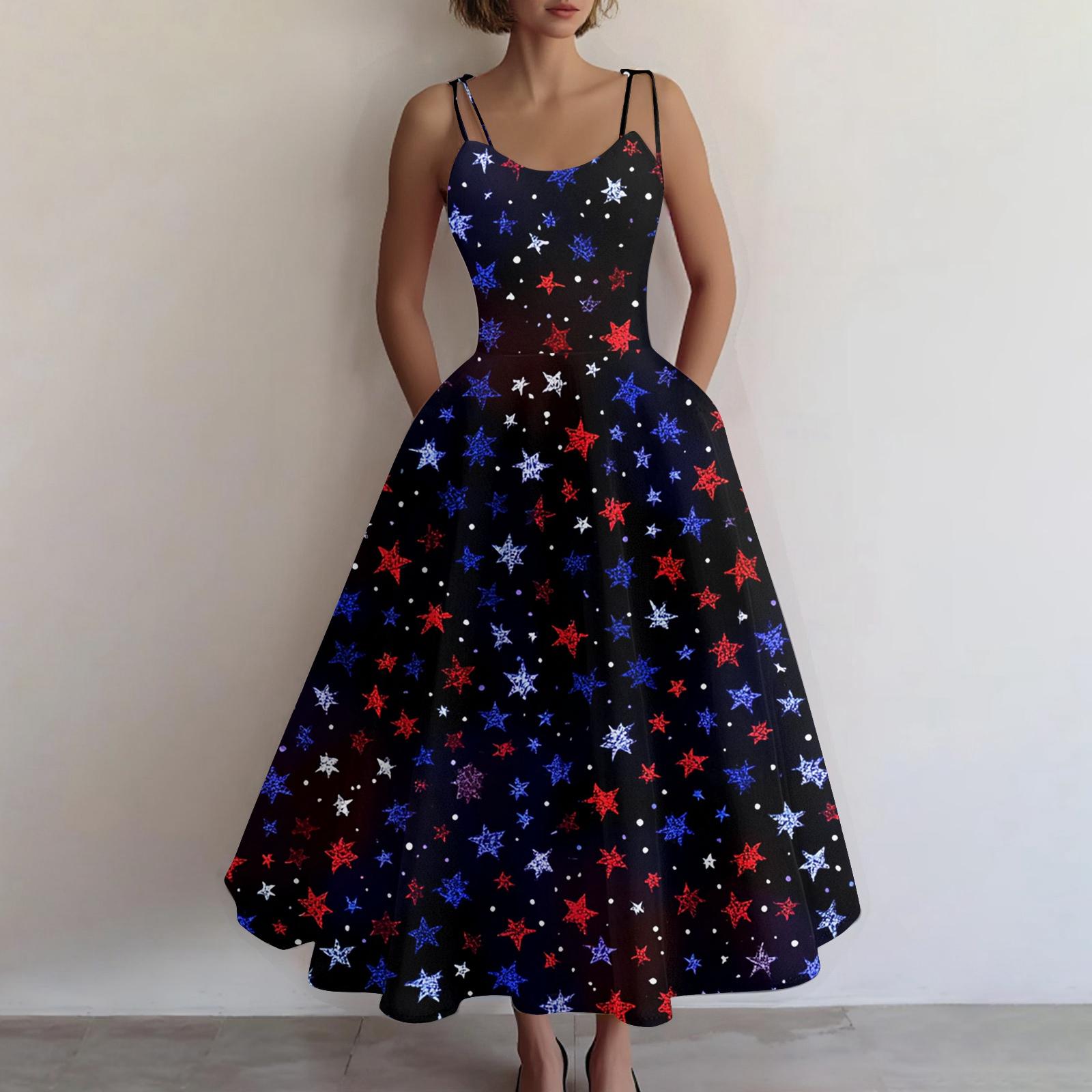 

Женское повседневное модное платье без рукавов с принтом ко Дню Независимости, с открытыми плечами L чёрный