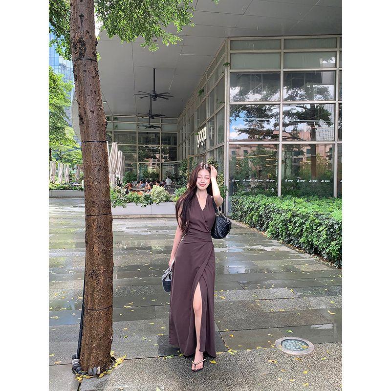 Kumikumi Pure Desire Style Sexy Waist Hugging Slimming Hanging Neck One piece Dress Women clothing Summer Niche Chic Split Long dress