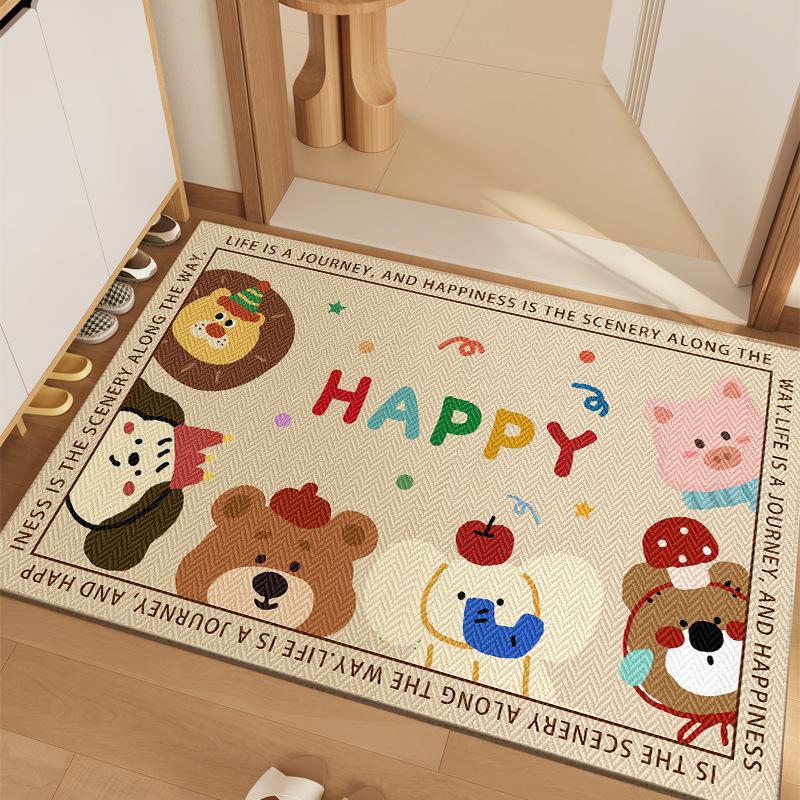 Cartoon Animal Carpet Mat Rug Collage Design with Happy Text Inspirational Phrase Home Decoration Floor Mat Welcome Mat