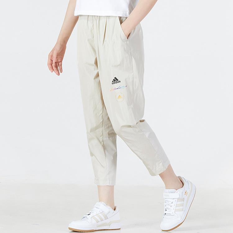 adidas Solid Color Logo Breathable Nine-Point Running Sports Pants Women Pants White HE9957