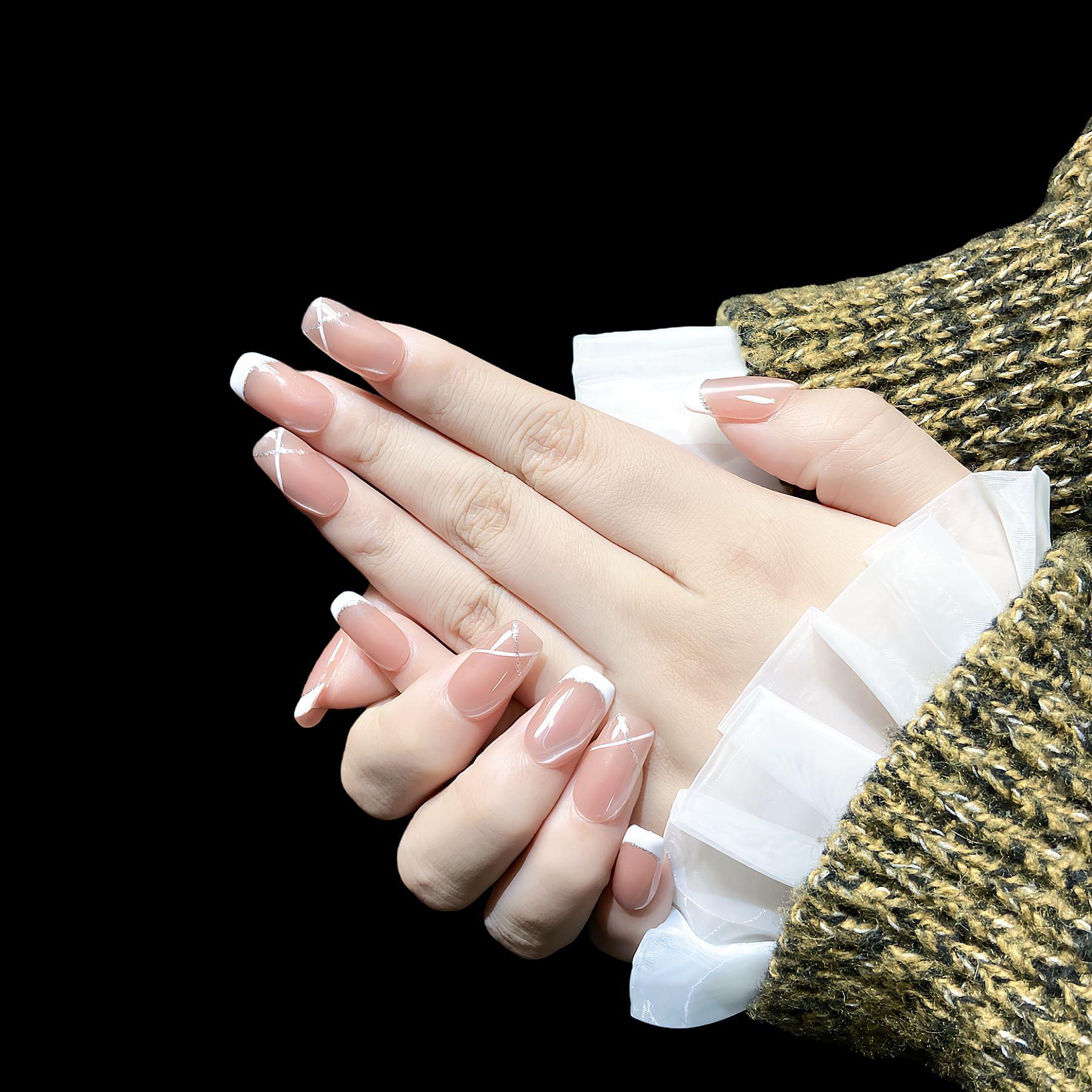 Trending Handmade French Nude Pink Line Art Nails - High-End Whitening Commute Style. Small