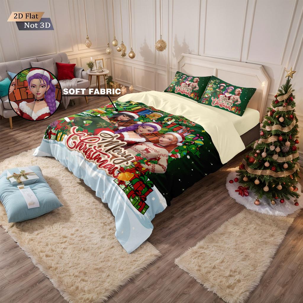 3pcs Christmas K-Pop Demon Hunters print coreless duvet cover set multi size bedroom bedding holiday decoration machine washed