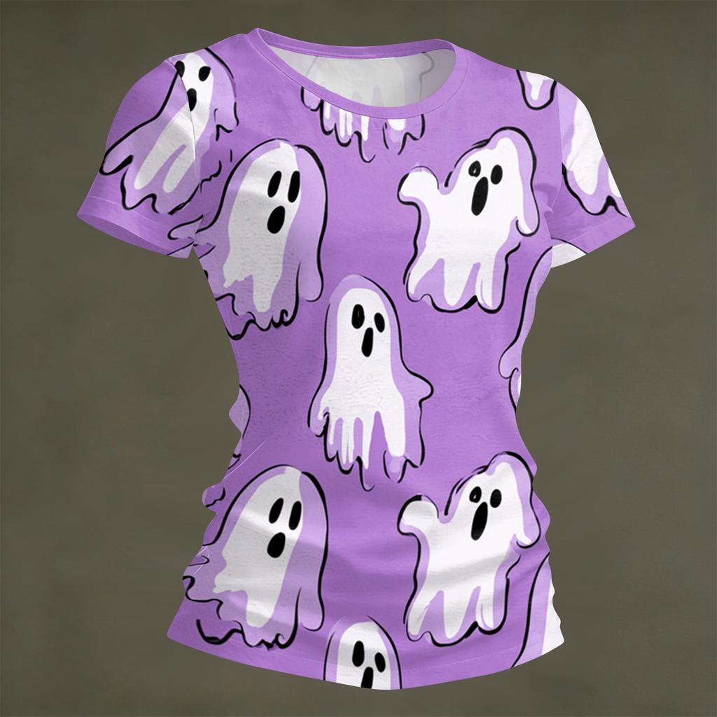 Women's Halloween Printed T-Shirt Short Sleeve Neck Loose Fit Pullover Top