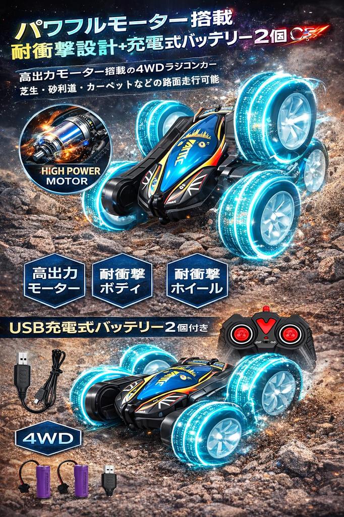 [New for 2026] Ailivesun RC Car for Kids, 360-Degree Stunt Capability, Double-Sided Operation, 4WD Off-Road Control, LED Lights & Sound, 2.4GHz