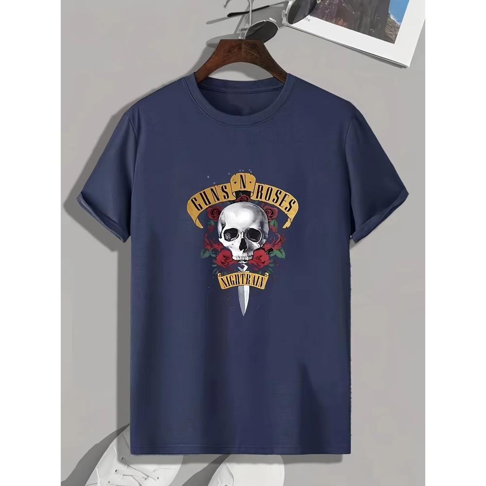 Skull & Rose Print, Men's Graphic Design Crew Neck T-shirt, Casual Comfy Tees Tshirts For Summer