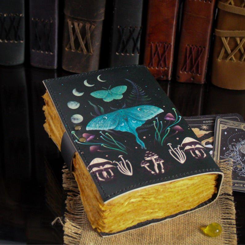 Luna Moth Leather Book of Shadows | Chakra Spell Journal | Leather Witchcraft Grimoire | Witchy Gift | Handmade notebook