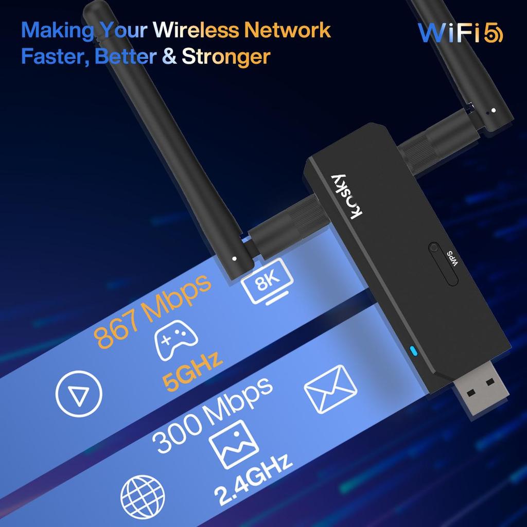 Kosky 1200Mbps Wifi Adapter WiFi 5 Daul-band 802.11ac USB2.0 Boost Your Internet Speed with 1200Mbps Wireless USB Wifi Adapter