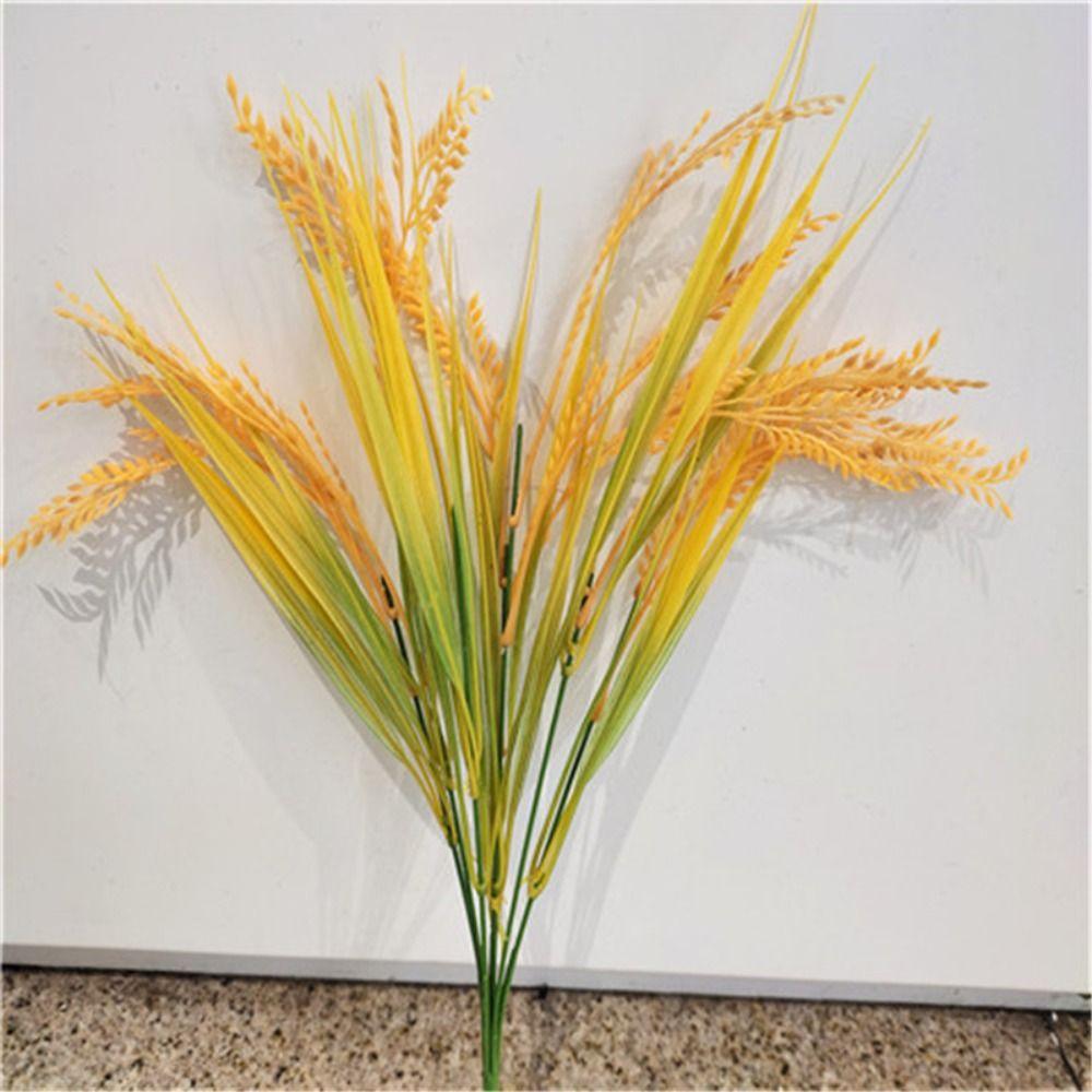 Yellow Flower Artificial Wheat Ears Rice Plant Bouquet 7 Forks Fake Plants Outdoor Indoor Decor