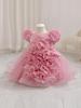 Girls' 3D Flower Princess Dress: First Birthday Puff Sleeves and Puffy Skirt