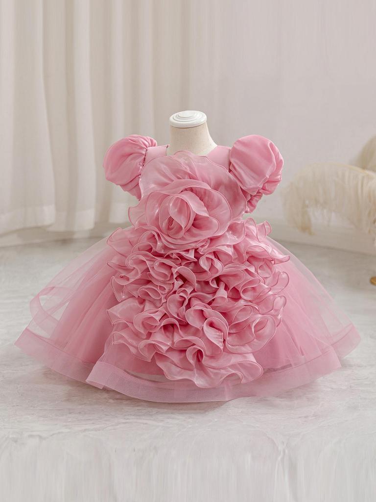 Girls' 3D Flower Princess Dress: First Birthday Puff Sleeves and Puffy Skirt