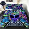 Trippy Alien Duvet Cover Set Queen Alien Skull Bedding Set Psychedelic Space Watercolor Colorful Queen Size Bedspread Alien Gift