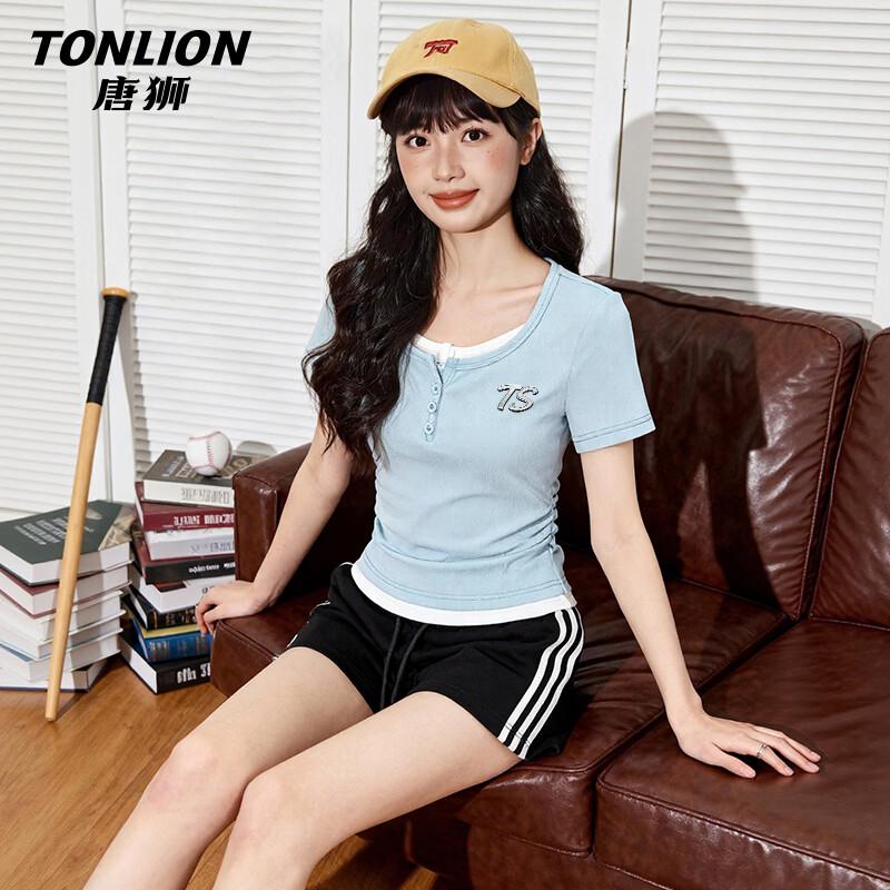 TonLion Women s Slim Fit Fake Two-Piece Short Sleeve T-Shirt S