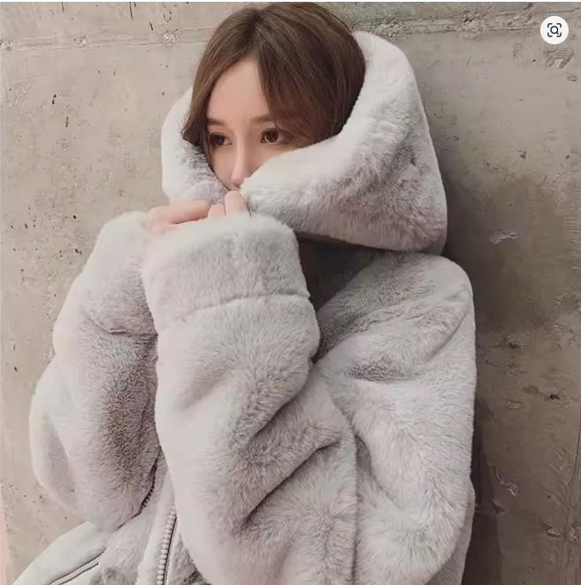 Coat Women's Autumn and Winter Loose Plush Faux Rabbit Fur Hooded Cardigan Women Casual Fashion Medium Length Fur Coat